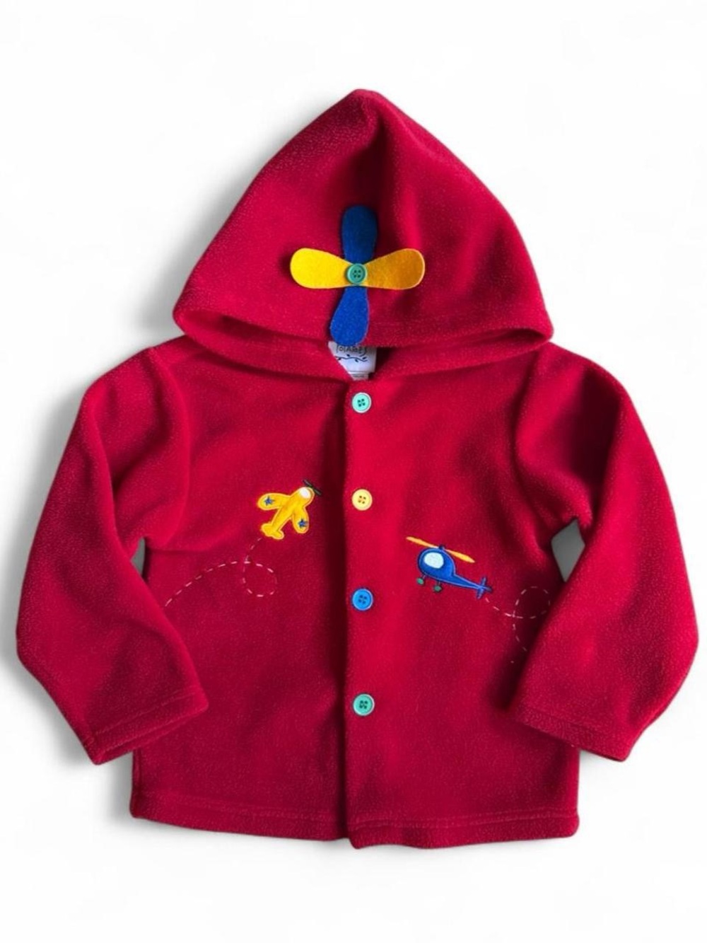 Vintage Red Kids Hooded Fleece Jacket with Airplane & Helicopter Appliqués